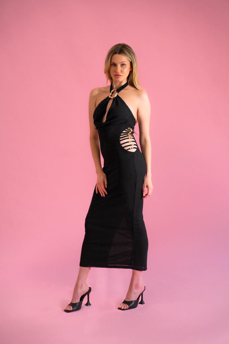 black dress with gold hardware Halter Midi S. Parcel Shiny V Neck Short Our Favorite Details Size:1-2 years