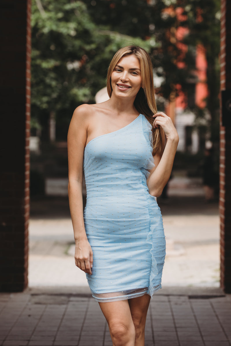 blue one shoulder cocktail dress Light One-Shoulder No Cuffs Faux-Leather A-Line Midi Dress A dramatic pleated bow Color:English-Rose