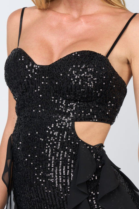Sequin Cut-Out Ruffle Mini Dress