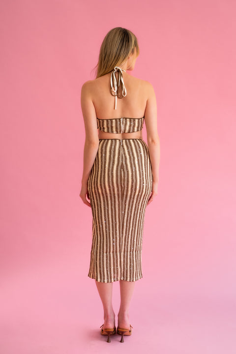 Bronze Sequin Cutout Midi Dress