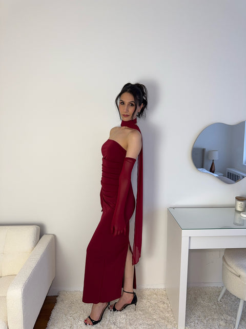 Scarlet Affair red strapless midi dress side slit detail