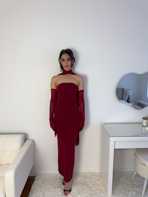 Scarlet Affair red strapless ruched midi dress with opera gloves