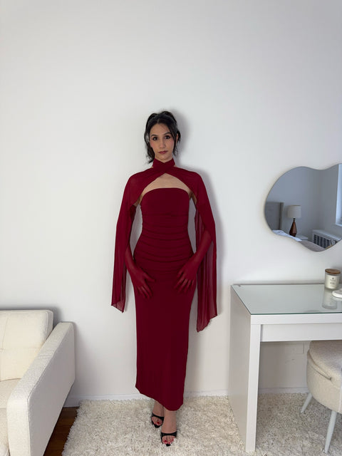 Scarlet Affair red evening dress with chiffon cape and gloves
