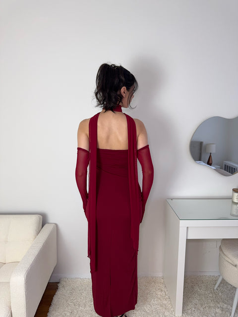 Scarlet Affair red strapless midi dress back view