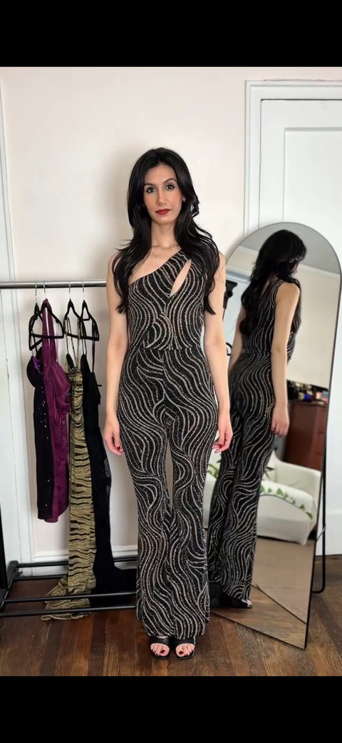 One-Shoulder Metallic Glitter Jumpsuit