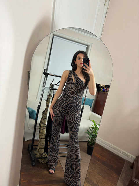One-Shoulder Metallic Glitter Jumpsuit
