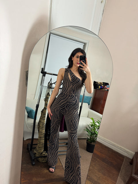 One-Shoulder Metallic Glitter Jumpsuit