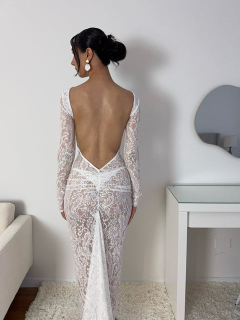 Temptation Backless Lace Gown - White