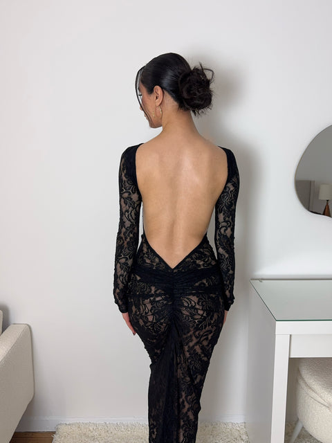 Temptation Backless Lace Dress - Black