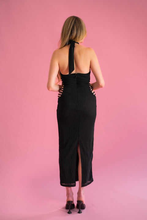 Black Gold Hardware Halter Midi Dress back view featuring the halter neckline, fitted silhouette, and back slit