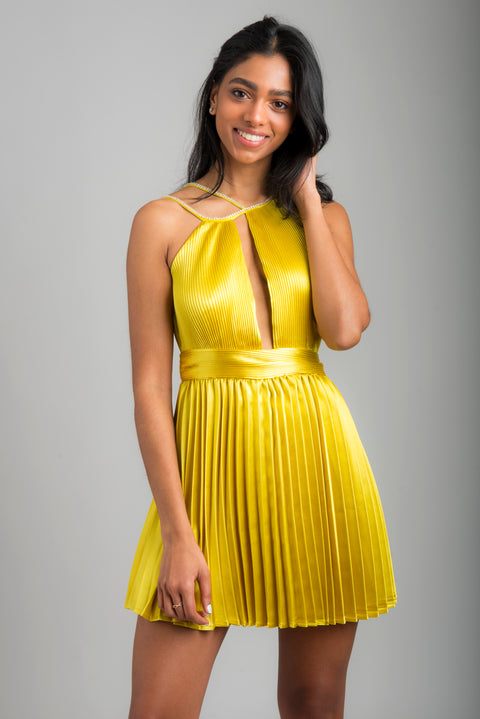 Golden Globe Dress in gold satin with pleated skirt and rhinestone straps, front view