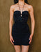 Mini length, shirred chest detail, shaping, evening dress.