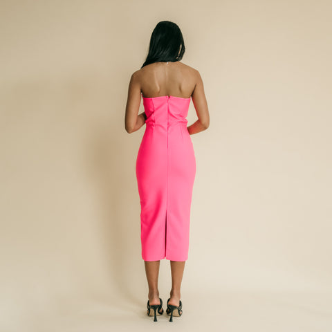 Strapless, knee-length, shaping, occasion dress.