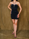 Mini length, shirred chest detail, shaping, evening dress.