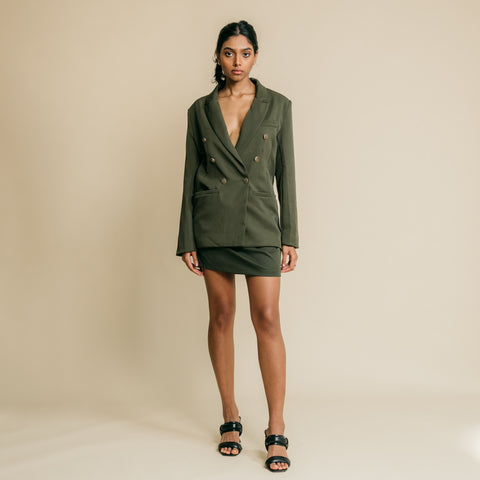 Olive green, relaxed, lapel collar, jacket blazer with chic gold color buttons.