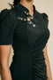 Black, mandarin collar,  midi dress featuring stylish buckle on the front right shoulder to chest.