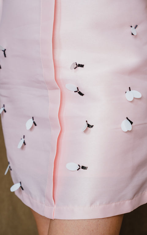 Powder pink, mini gown dress.