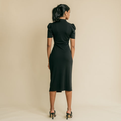Black, mandarin collar,  midi dress featuring stylish buckle on the front right shoulder to chest.