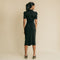 Black, mandarin collar,  midi dress featuring stylish buckle on the front right shoulder to chest.