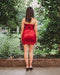Red strapless, sparkly night dress with frill hem and mini length good for party, cocktail, wedding. 