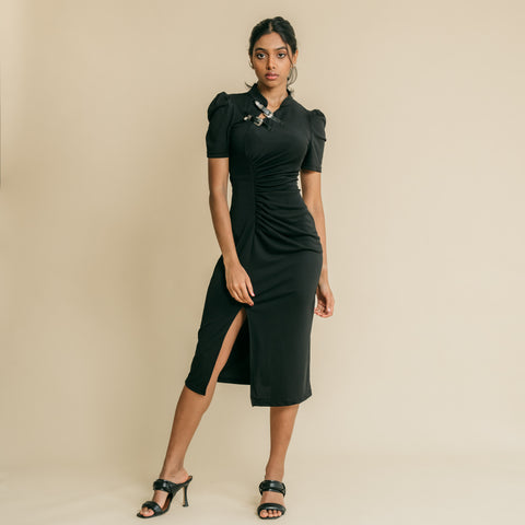 Black, mandarin collar,  midi dress featuring stylish buckle on the front right shoulder to chest.