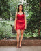 Red strapless, sparkly night dress with frill hem and mini length good for party, cocktail, wedding. 