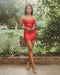 Red strapless, sparkly night dress with frill hem and mini length good for party, cocktail, wedding. 