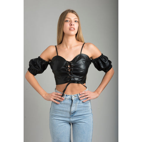Black Vegan Leather Top with Mini Princess Shoulder Sleeve and Straps.