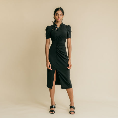 Black, mandarin collar,  midi dress featuring stylish buckle on the front right shoulder to chest.