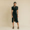 Black, mandarin collar,  midi dress featuring stylish buckle on the front right shoulder to chest.