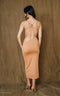 Pastel caramel, maxi dress featuring o-ring front and back side.