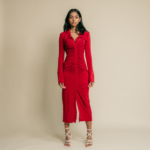 Red, lapel collar, ruffle sleeve, under knee length, shirred, dress.