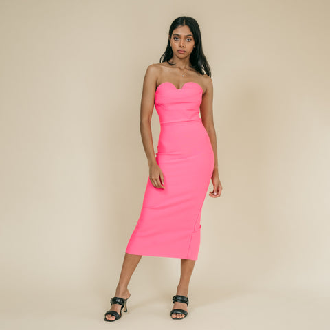 Strapless, knee-length, shaping, occasion dress.