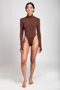 Brown, high-shoulder, open back, long sleeve, mock neck bodysuit.
