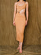 Pastel caramel, maxi dress featuring o-ring front and back side.
