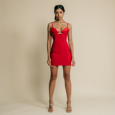 Asymmetric bra design with flirty straps mini dress. 