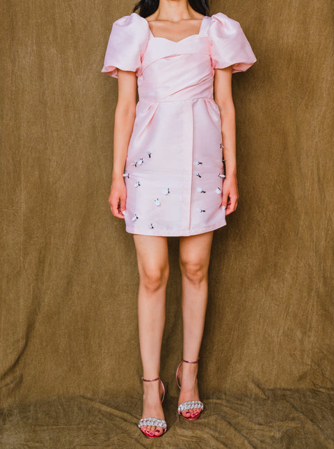 Powder pink, mini gown dress.