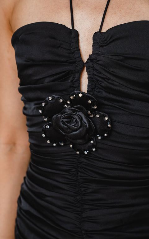 Mini length, shirred chest detail, shaping, evening dress.