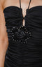 Mini length, shirred chest detail, shaping, evening dress.