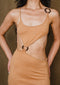 Pastel caramel, maxi dress featuring o-ring front and back side.