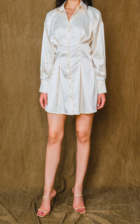  Mini, satin, long sleeve, shirt dress.