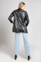 Black, notched lapel, button closure, faux leather blazer.