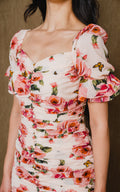 Mini, flower print, princess shoulder sleeve has front button up.
